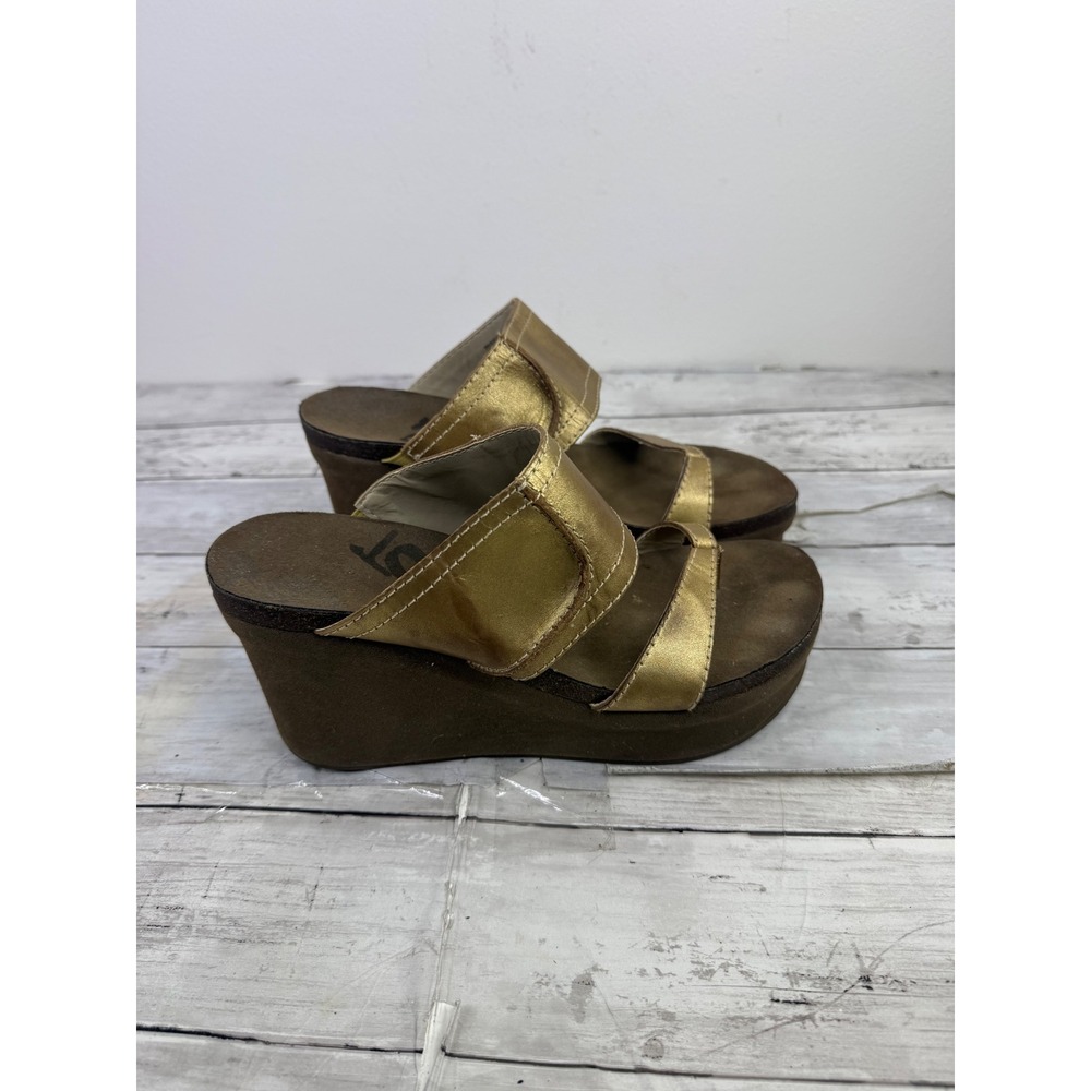 Sole Society Brookfield Gold Leather Wedge Sandals Platform Toe Loop Womens 9.5M